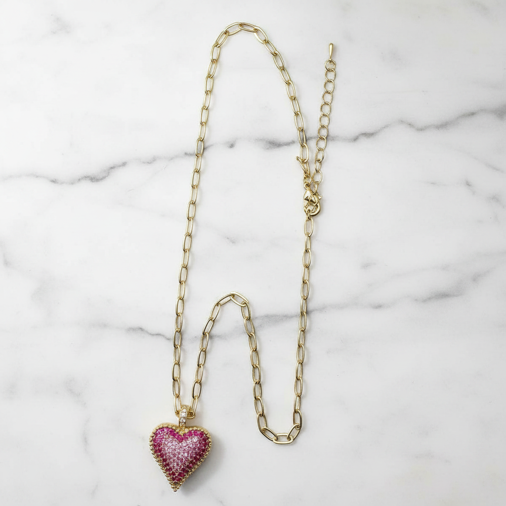 Gold Rose Pave Heart Necklace
