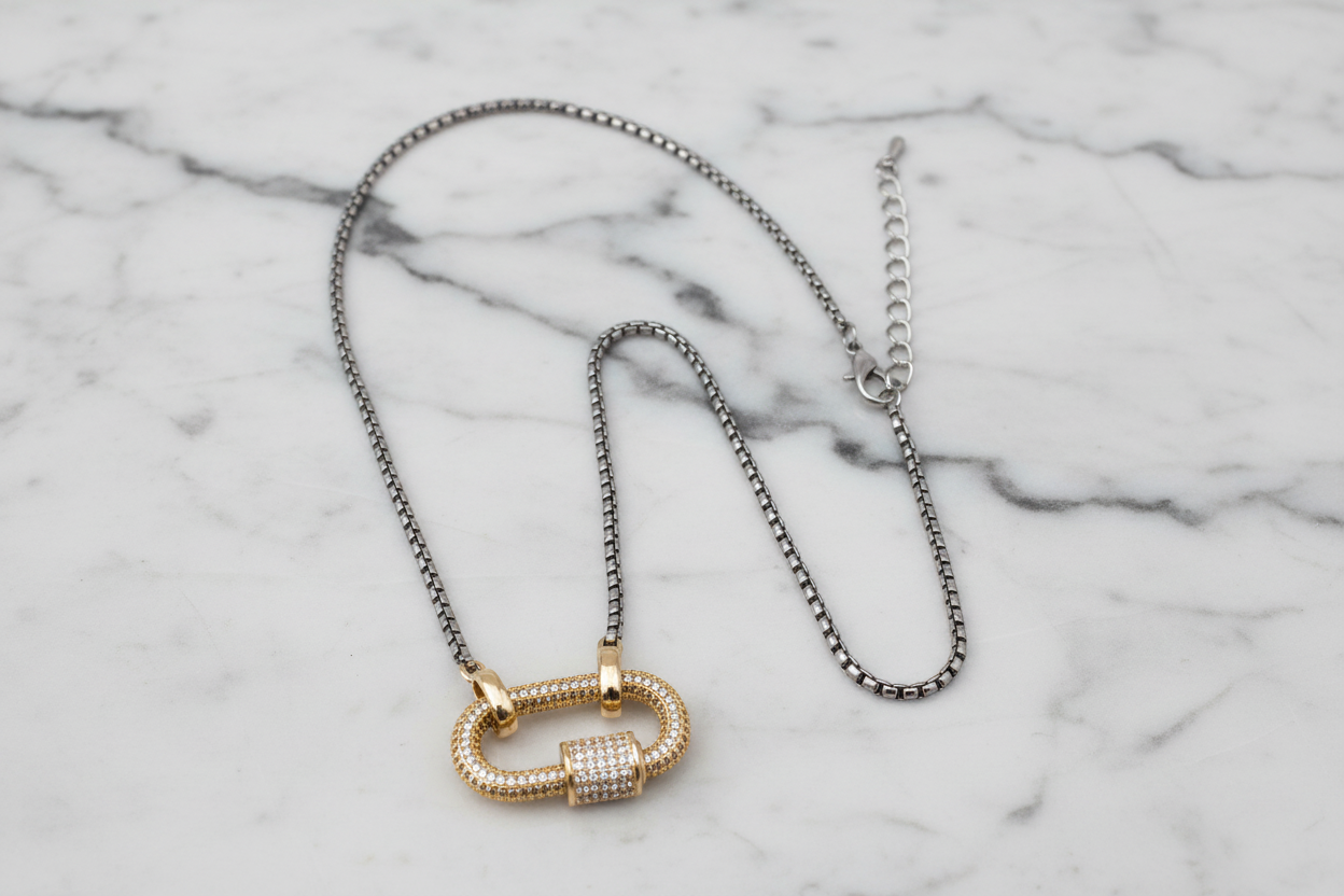 Two Tone Box Chain CZ Lock Necklace
