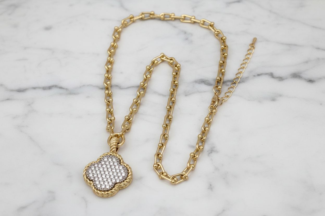Two Tone Pave Clover Necklace