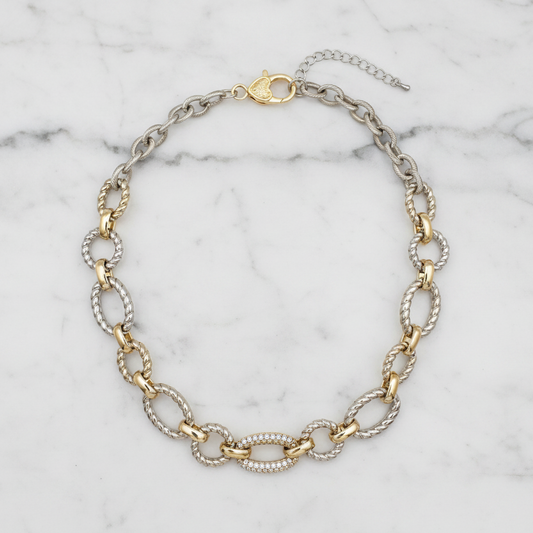Two Tone Cable Links Oval CZ Necklace