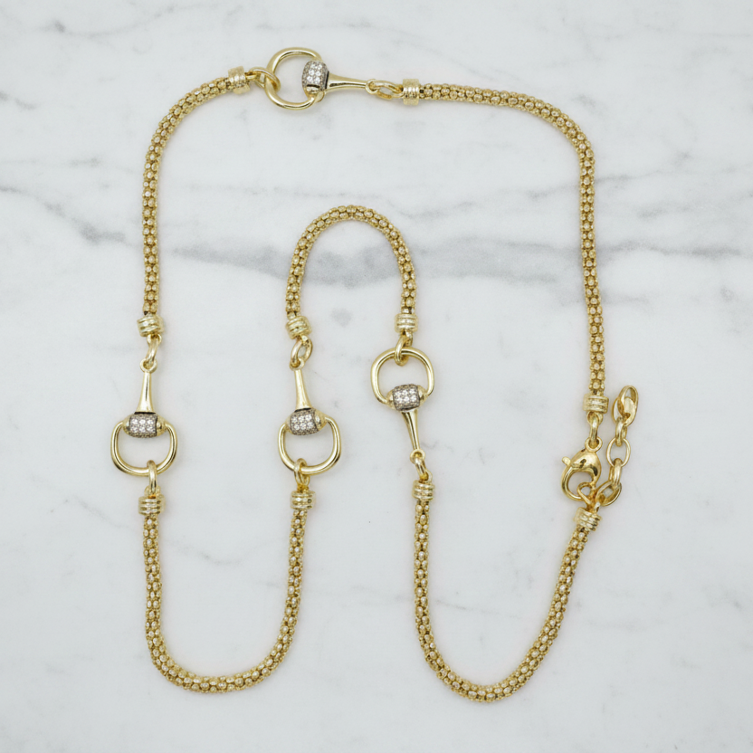 Gold Popcorn Chain Pave Horsebit Necklace - 36"