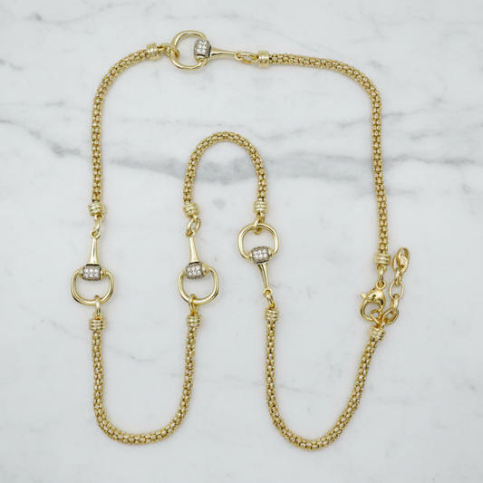 Gold Popcorn Chain Pave Horsebit Necklace - 36"