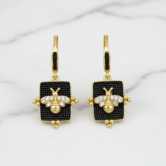 Matte Gold Earrings w/ Hematite Bee Dangle