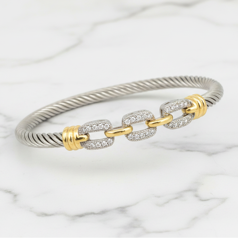 Two Tone Cable 3-Square CZ Bangle