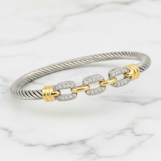 Two Tone Cable 3-Square CZ Bangle
