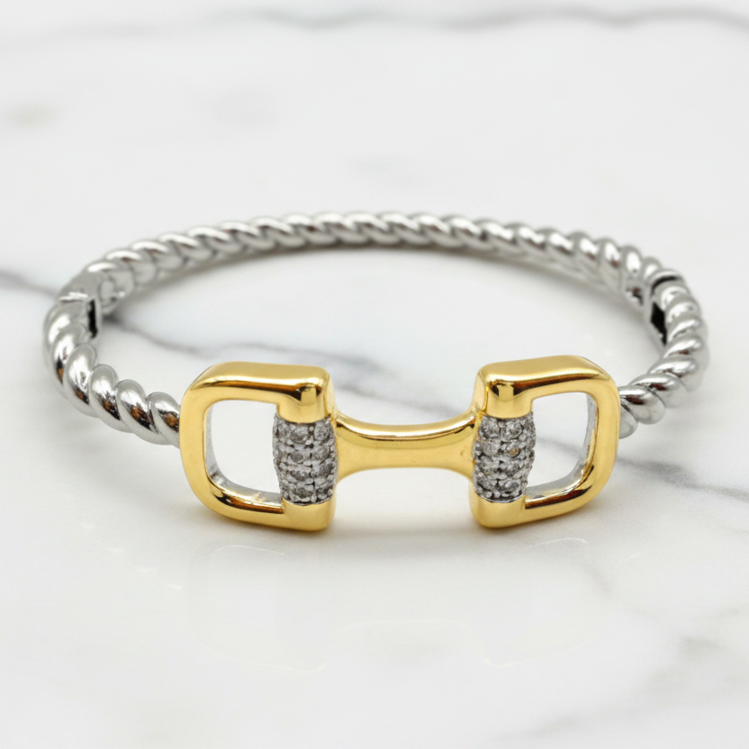 Two Tone Cable Horsebit Bangle w/ Pave Barrel
