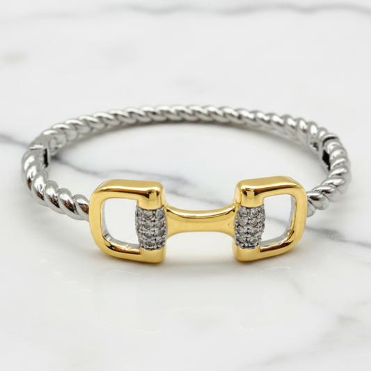 Two Tone Cable Horsebit Bangle w/ Pave Barrel
