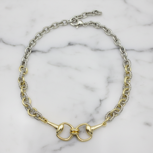 Two-tone cable link horse bit necklace by MX featuring a stylish, adjustable design with metallic finish.