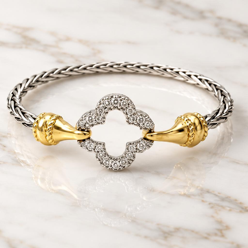 Two Tone Pave Clover Hook Bracelet