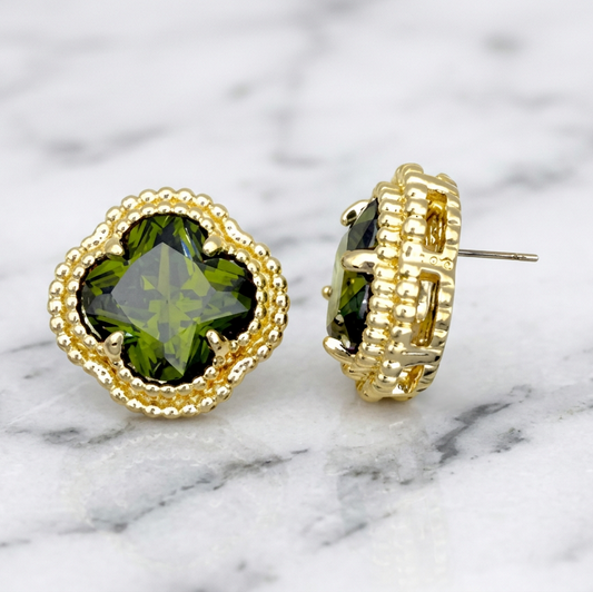 7/8-inch gold CZ clover earrings by MX featuring sparkling cubic zirconia stones in a floral design.