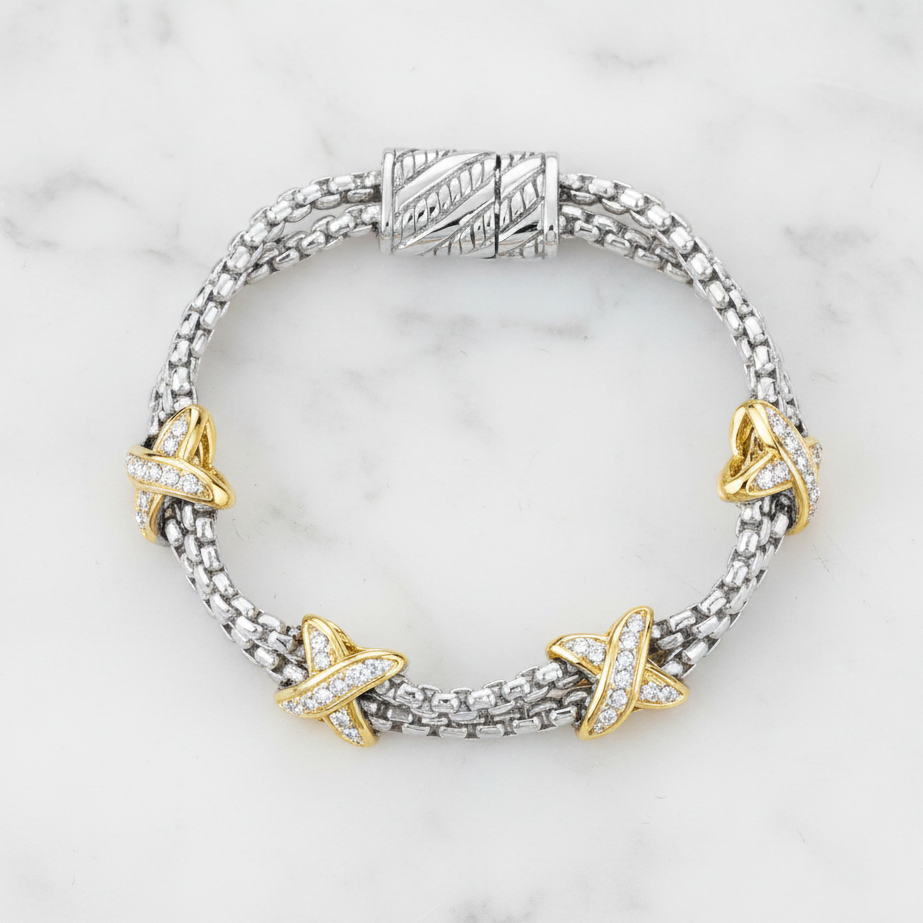 Two Tone Chain CZ X Bracelet