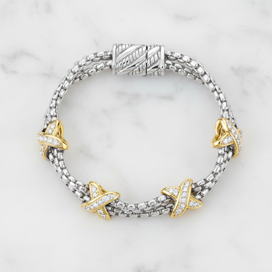 Two Tone Chain CZ X Bracelet