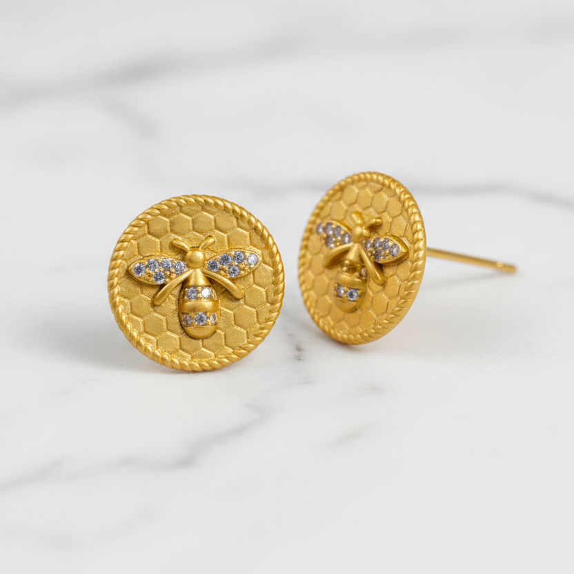 Gold Earring w/ Bee & Hive