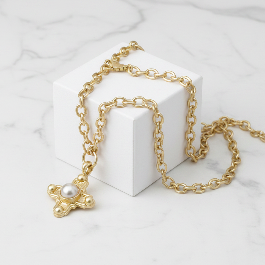 Gold Cross On Link Chain Necklace