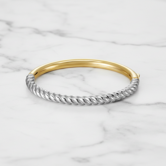 Two-tone Cable Push Lock Bangle bracelet by Joseph Anthony Inc. featuring a sleek, modern design with a secure push lock closure.
