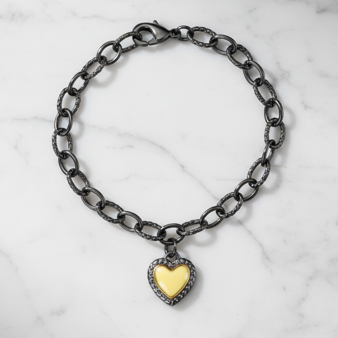 Hematite & Gold Heart Charm Bracelet
