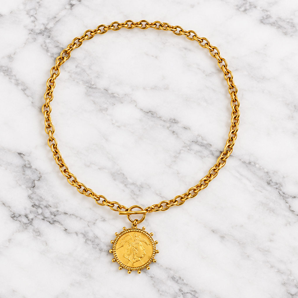 Goddess CZ Coin Necklace w/ Toggle - 20"