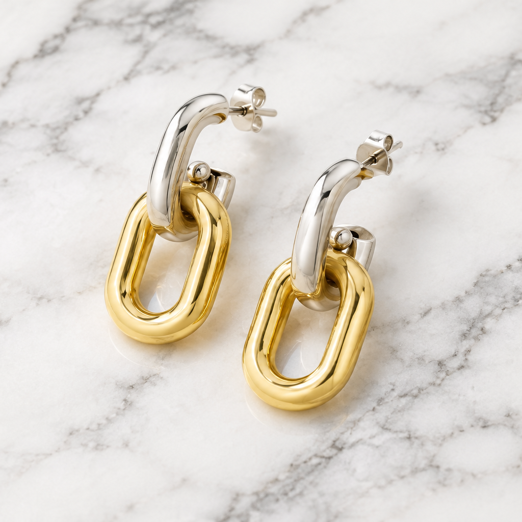 Two Tone Double Link Dangle Earring