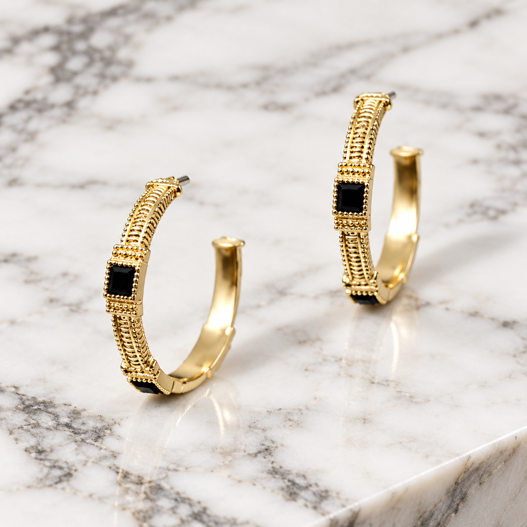 Hoop Earring w/ Sq Stones - 30mm