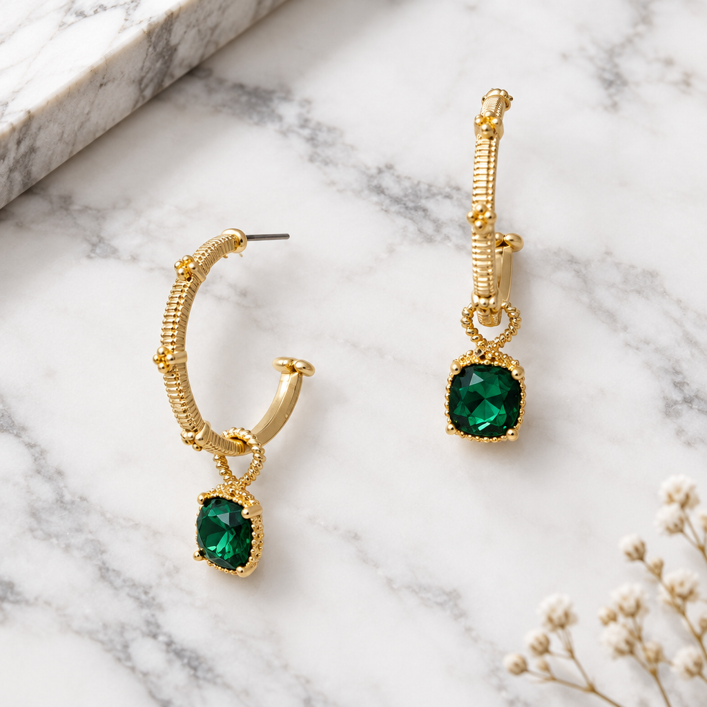 Hoop Earring w/ Sq Dangle Stone - 30mm