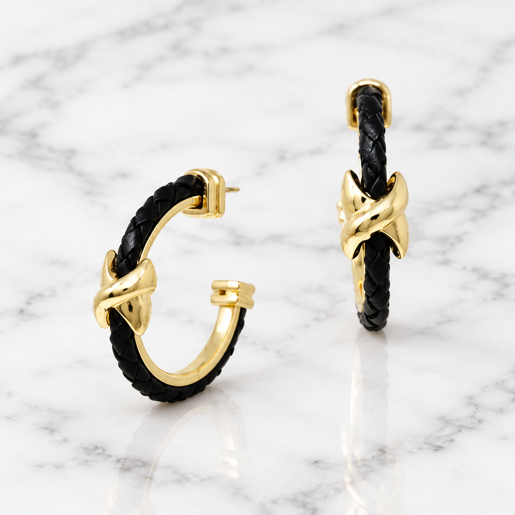 Leather Braided X Hoop Earring