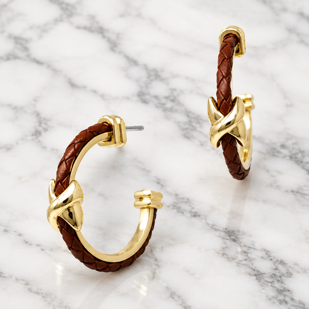 Leather Braided X Hoop Earring