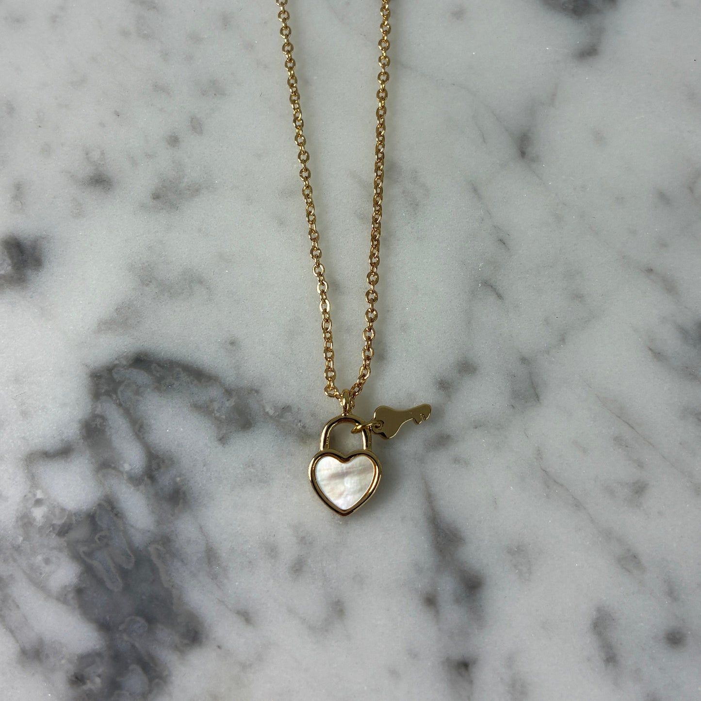 Tiny Gold MOP Heart & Key Necklace