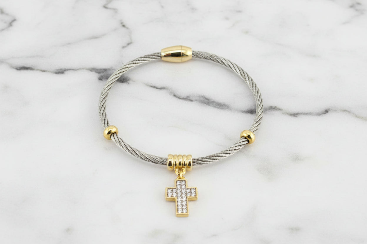 Two Tone Cable Bracelet w/ Gold Pave Cross Dangle