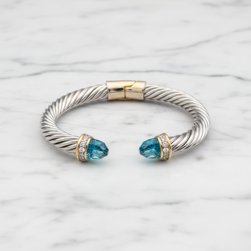 Two Tone Cable Bracelet w/ Stone End