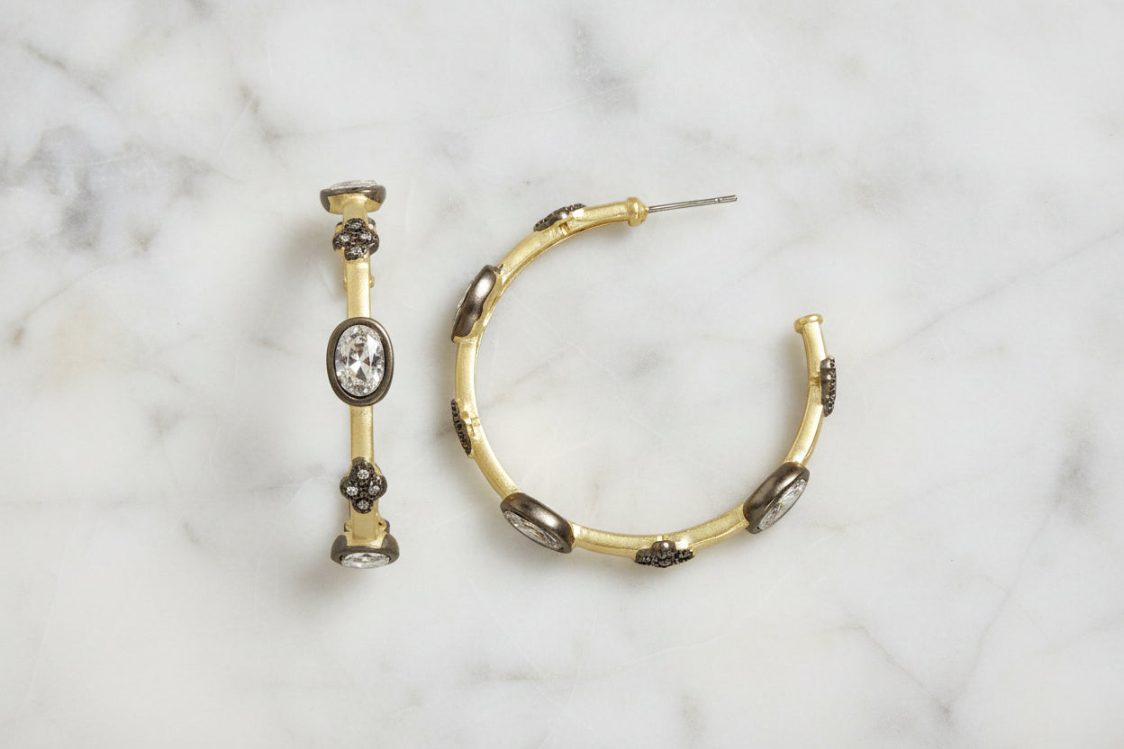 Large Gold Hematite & CZ Hoop Earring