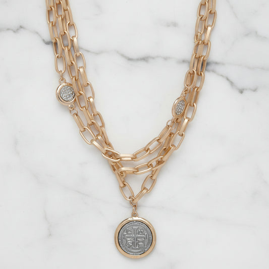 Gold 3-Row Paperclip Necklace w/ Cross Coins