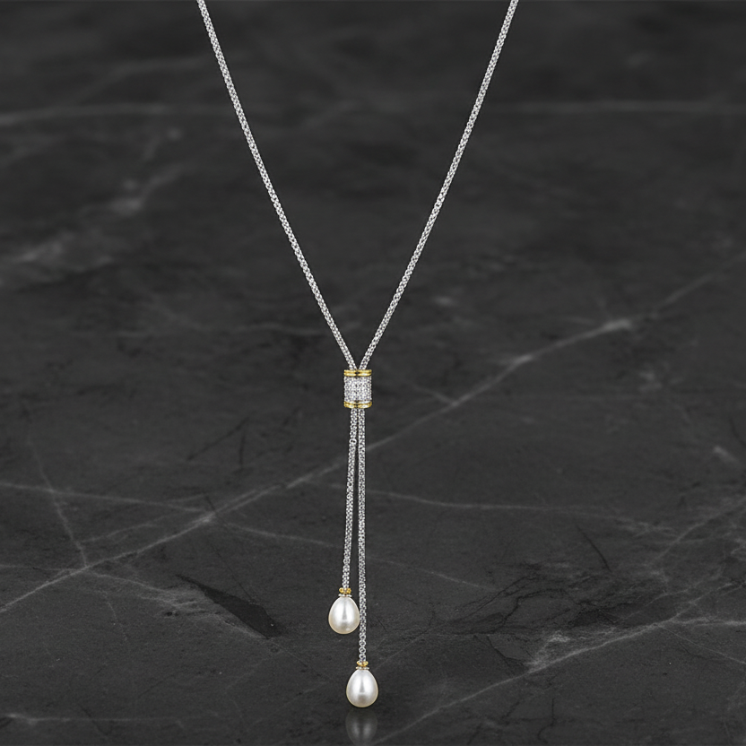 Two Tone CZ & Pearl Lariat Necklace