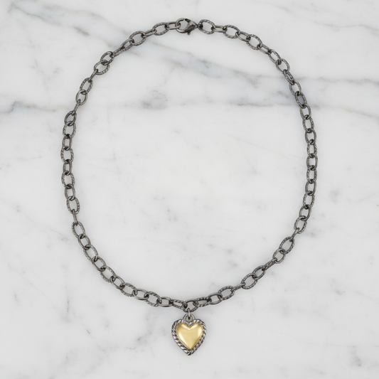 Hematite and gold heart charm necklace by Joseph Anthony Inc., 18-inch length, featuring a stylish mixed metal heart pendant.