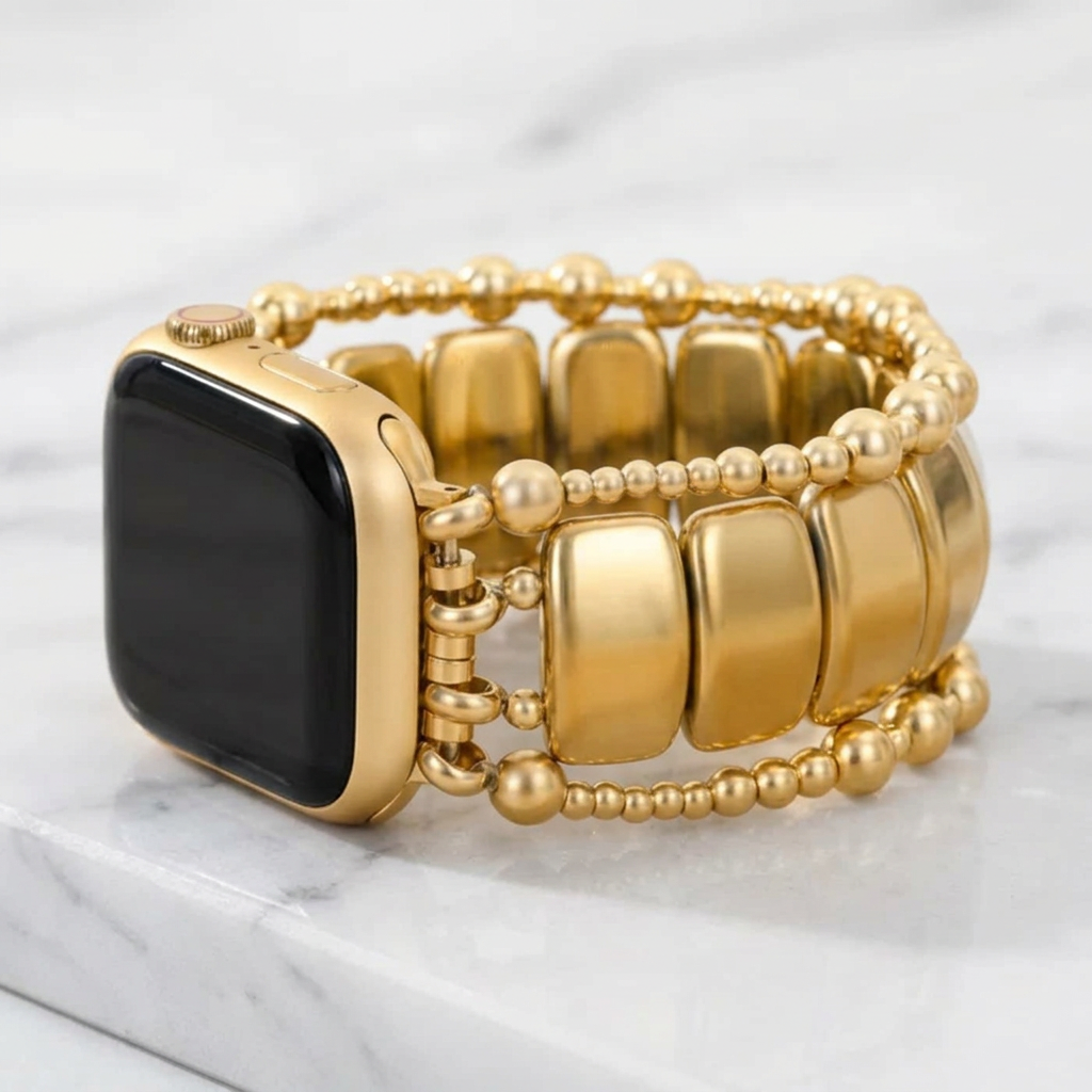 Cape Diablo Noir stretch Apple Watch strap in platinum noir with gold accents, featuring a sleek, flexible watch band design.