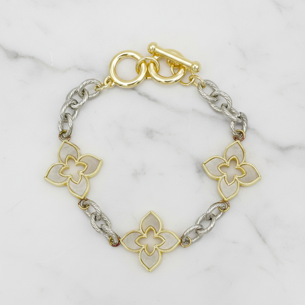 Two Tone 3-Pave Clover Chain Bracelet