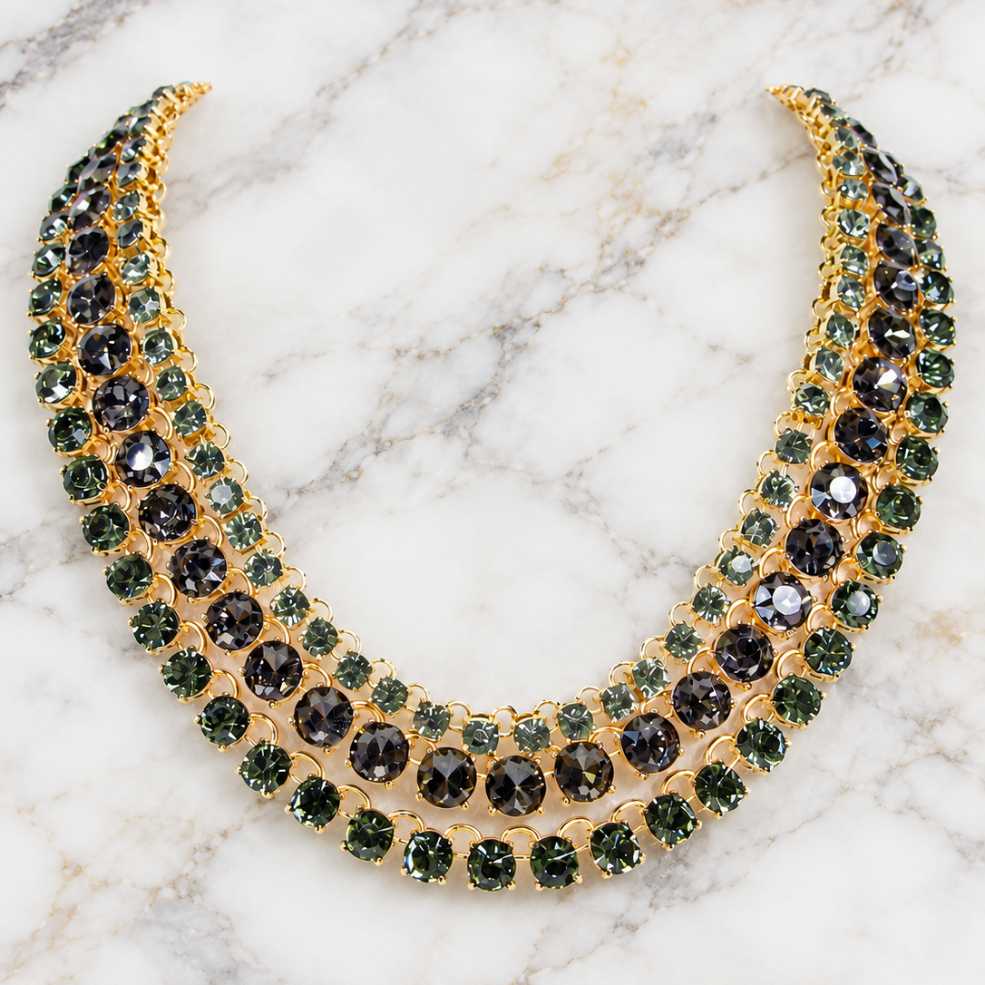 Rough Sketch Ooh & Aah triple strand necklace with smoky green rhinestones and collar-style design