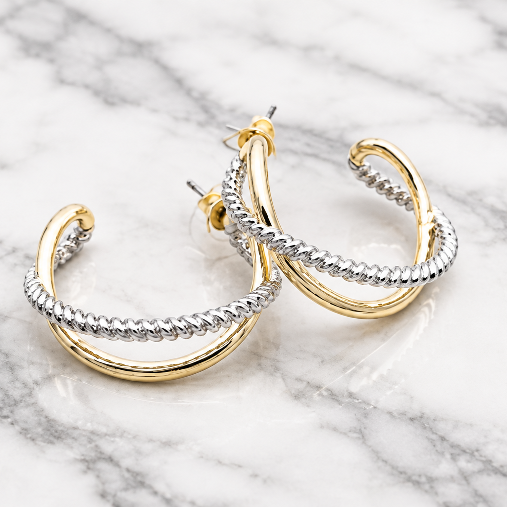 Two Tone Criss Cross Hoop Earring