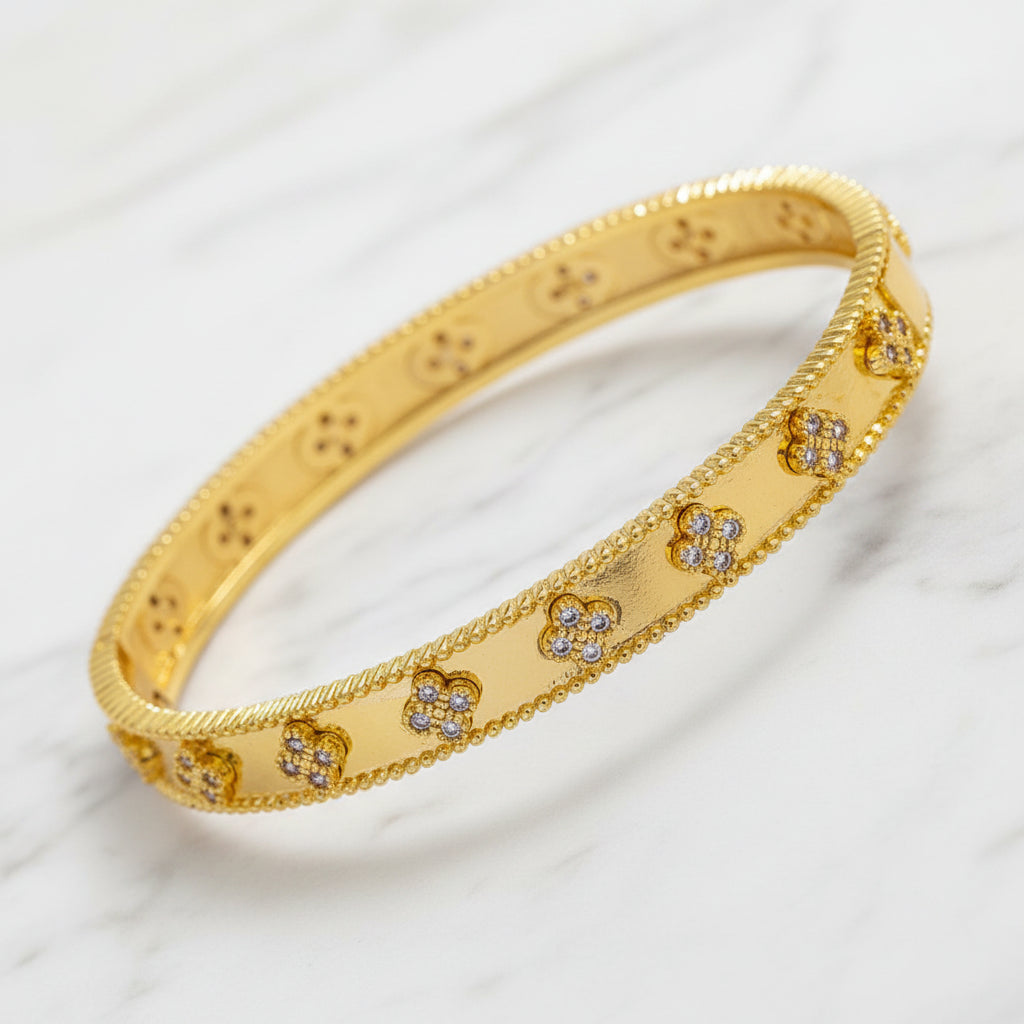 Medium Hinged Gold Bracelet w/ CZ Clovers