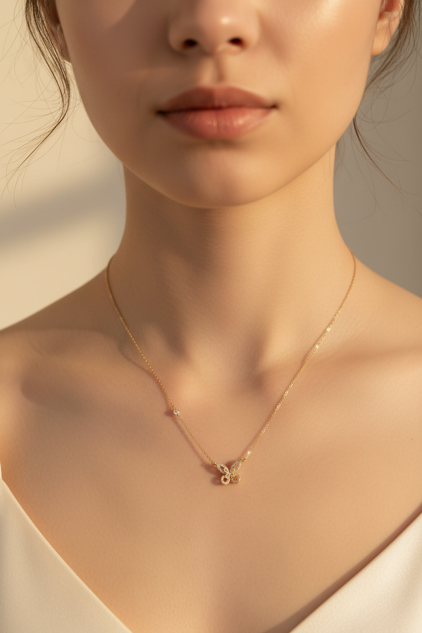 Dainty gold necklace with CZ butterfly pendant from DX Collection, LLC, featuring a delicate chain and sparkling butterfly charm.
