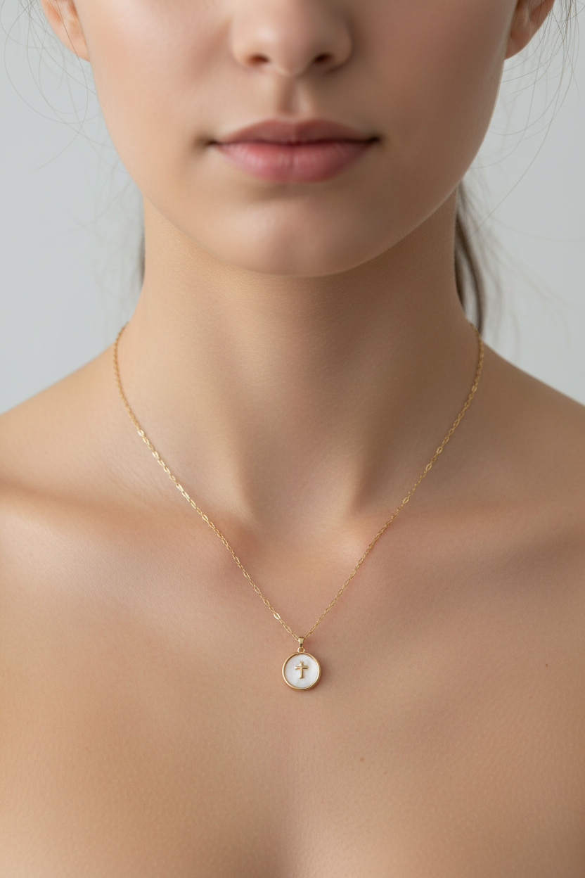 Gold chain necklace with coin and cross pendant, 16-inch length, from DX Collection, LLC, featuring detailed religious and coin design.
