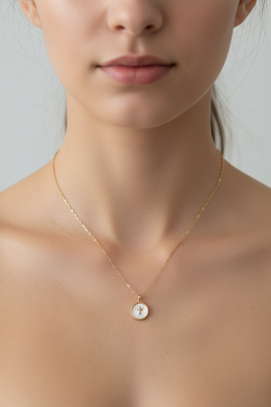Gold chain necklace with coin and cross pendant, 16-inch length, from DX Collection, LLC, featuring detailed religious and coin design.