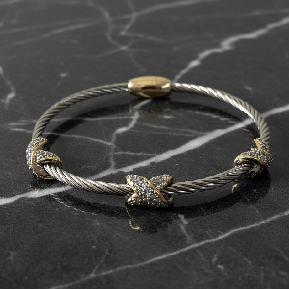 Two Tone Cable CZ PV "X" Bracelet