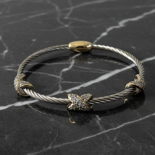 Two Tone Cable CZ PV "X" Bracelet