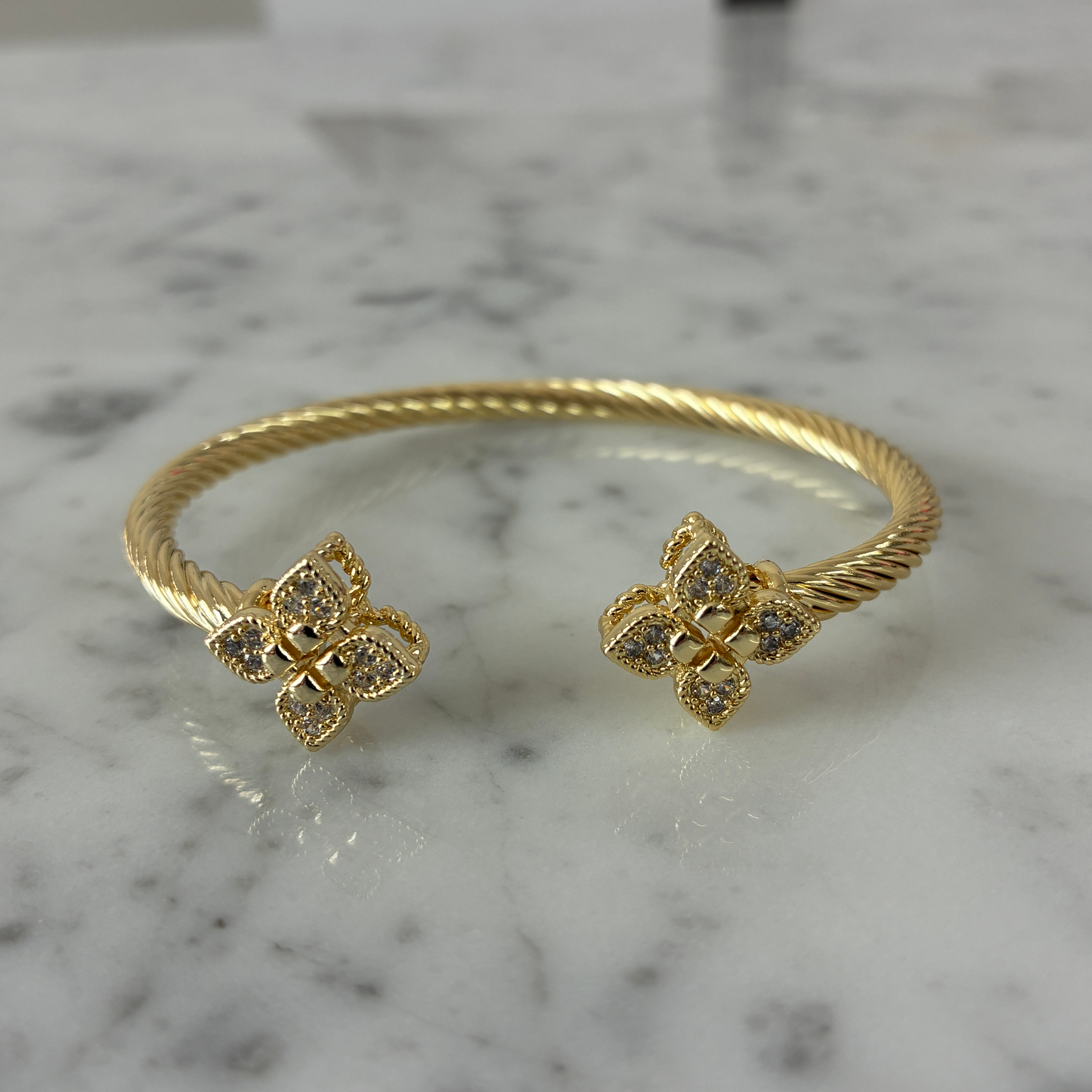 Gold Cable Pave Clover Bangle