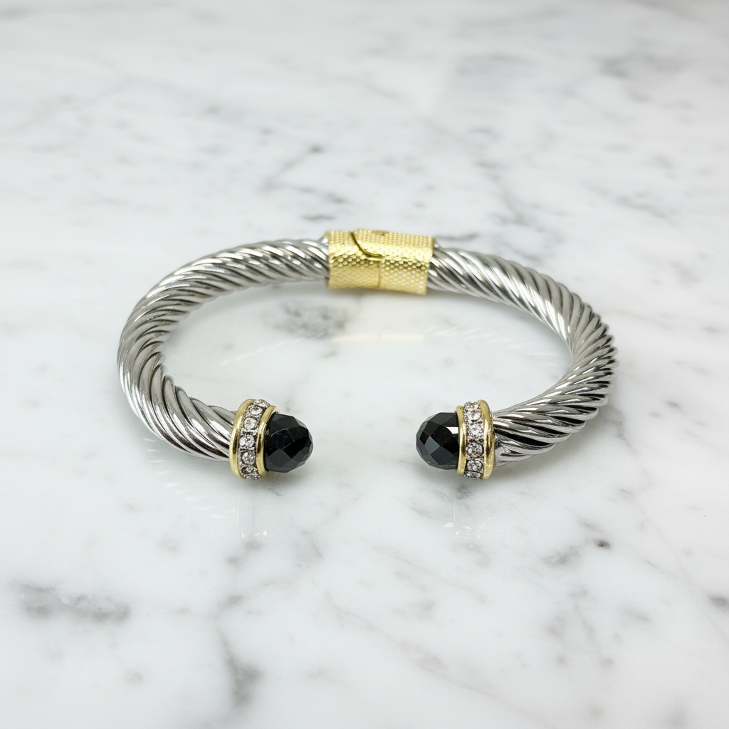 Two Tone Cable Bracelet w/ Stone End