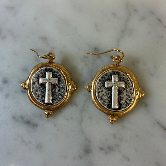 Water & Tree cross pendant earring featuring a delicate metal cross design on a stylish earring hook.
