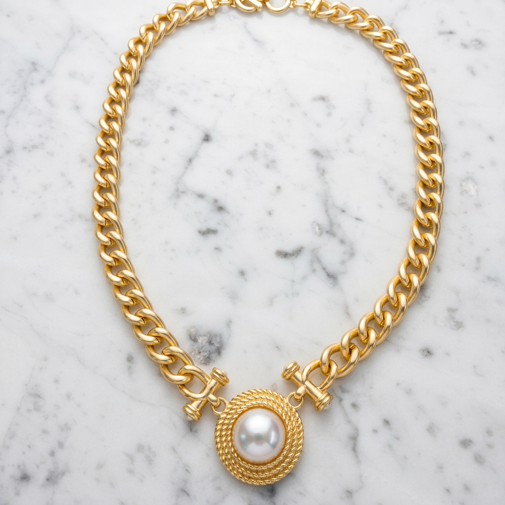 Matte gold MX necklace with a pendant, featuring a sleek and elegant design, shown against a neutral background.