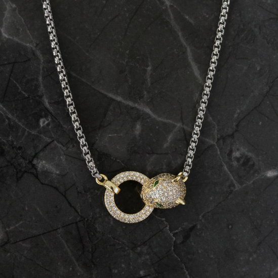 Two Tone Pave Panther Ring Necklace
