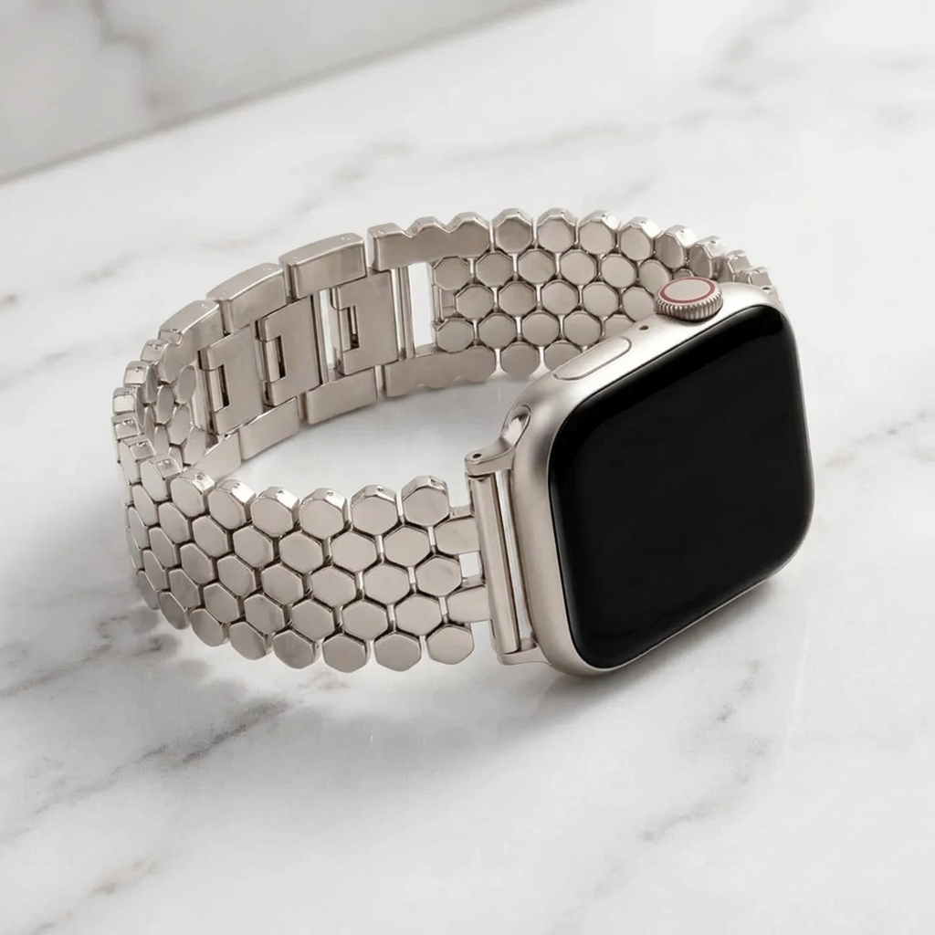 Honeycomb luxury Apple Watch strap by Cape Diablo featuring a textured honeycomb pattern in premium material.