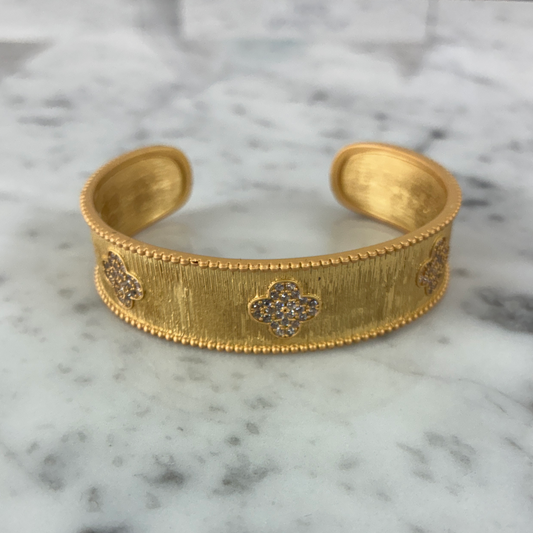 Brushed Gold Cuff w/Pave Clover